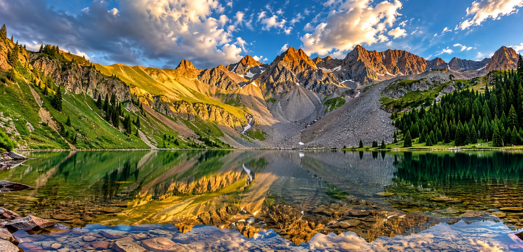 Alpine peaks glowing above a crystal-clear reflective lake.